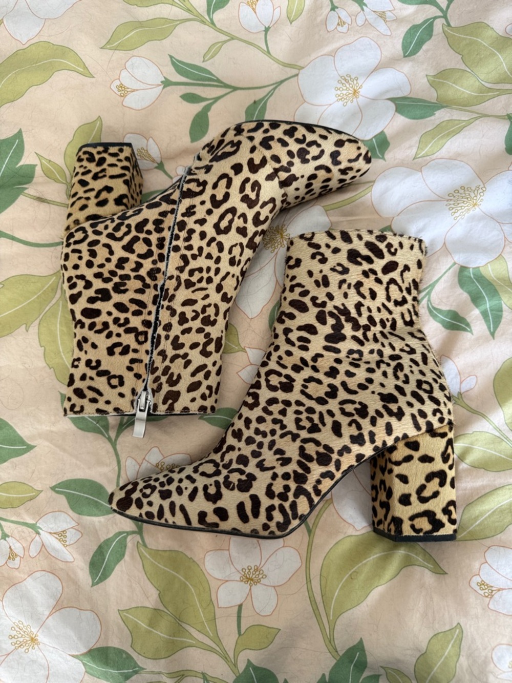 Leopard Print Block Heel Ankle Boots - Tan/Black